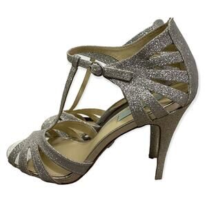 Betsey Johnson Heels Women’s 10 SB-Tee Dress Silver Glitter T-Strap Peep Toe